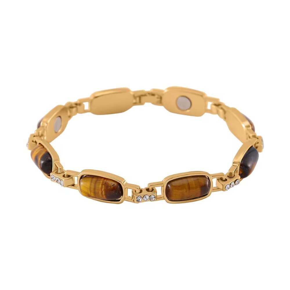 Women's Yellow Tigers Eye and Austrian Crystal 8" Bracelet in Goldtone